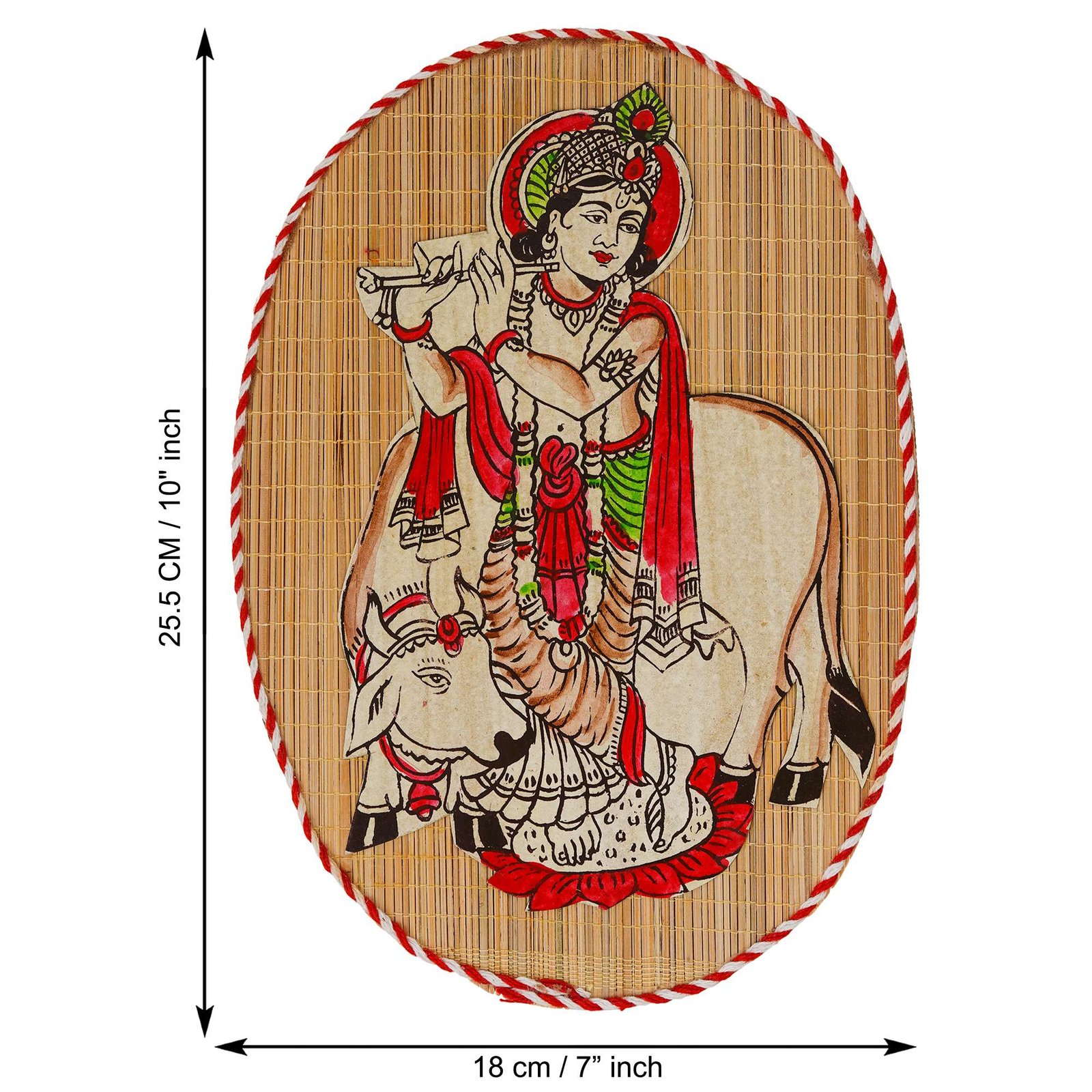 Oval Shaped Design Bamboo Hand Crafted Wall Hangings Of Krishna Ji With Holy Cow For Home Decor | Bamboo Art For Wall Decor - Image 2