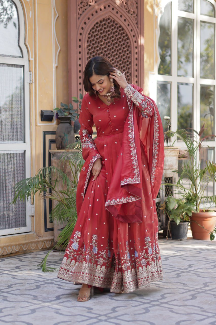 Women's Festive Rust Red Anarkali Gown with Intricate Silver Zari & Sequin Embroidery – Complete with Embroidered Dupatta - Image 4