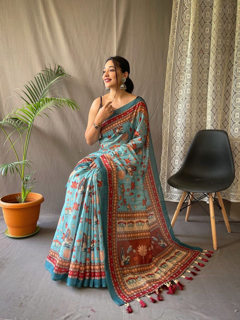 Women's Artistic Terracotta Orange Linen Saree with Kalamkari Inspired Print & Tassel Detailing – Perfect for Casual Festivities & Cultural Events - Image 11