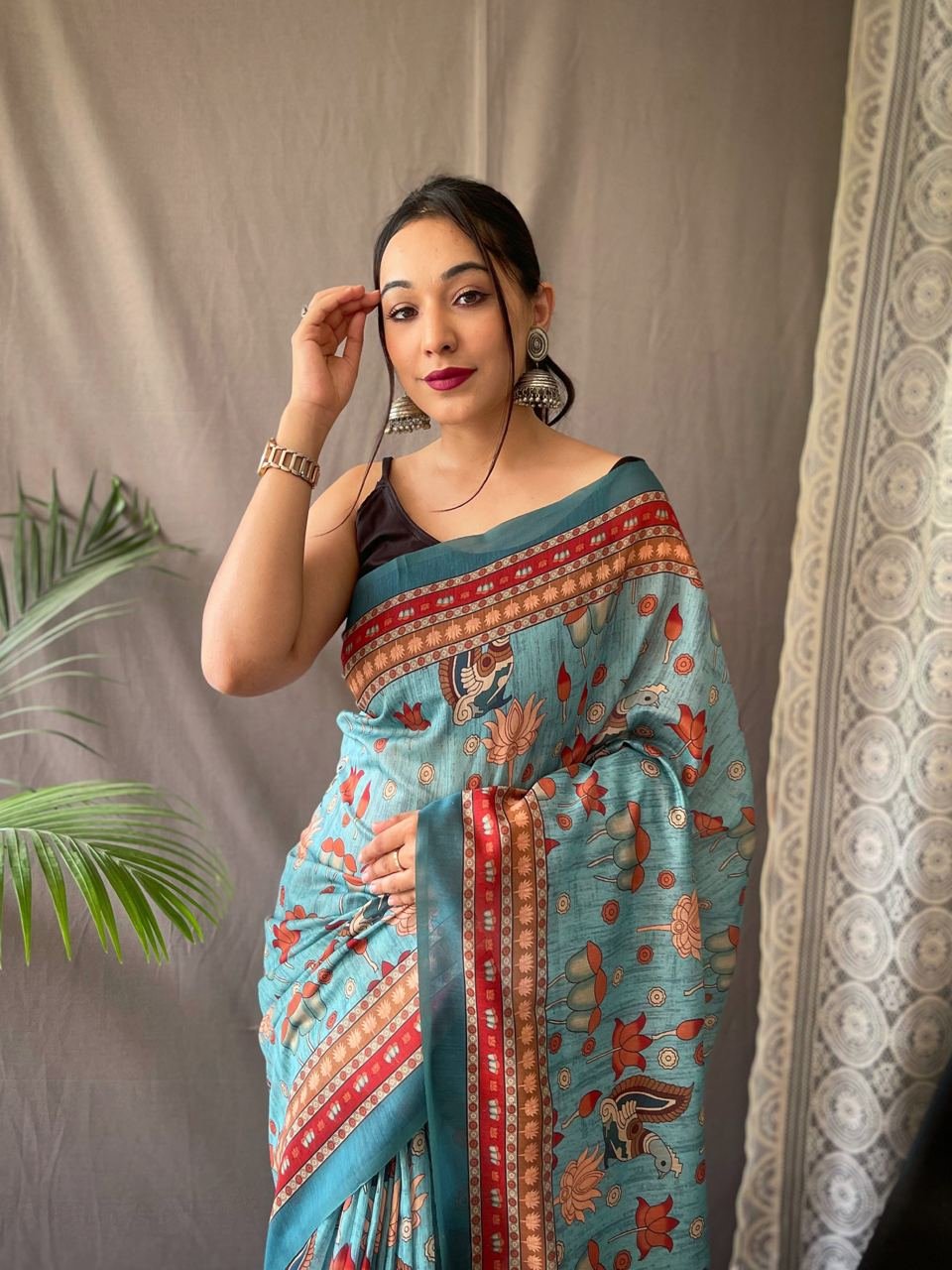 Women's Artistic Terracotta Orange Linen Saree with Kalamkari Inspired Print & Tassel Detailing – Perfect for Casual Festivities & Cultural Events - Image 12